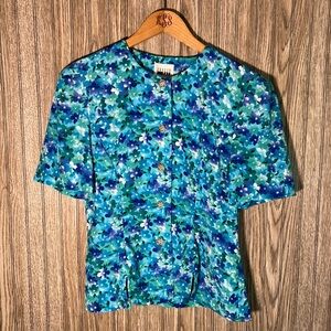 Vintage 90’s Blue Purple Floral Print Short Sleeve Blazer Button Down Top Blouse